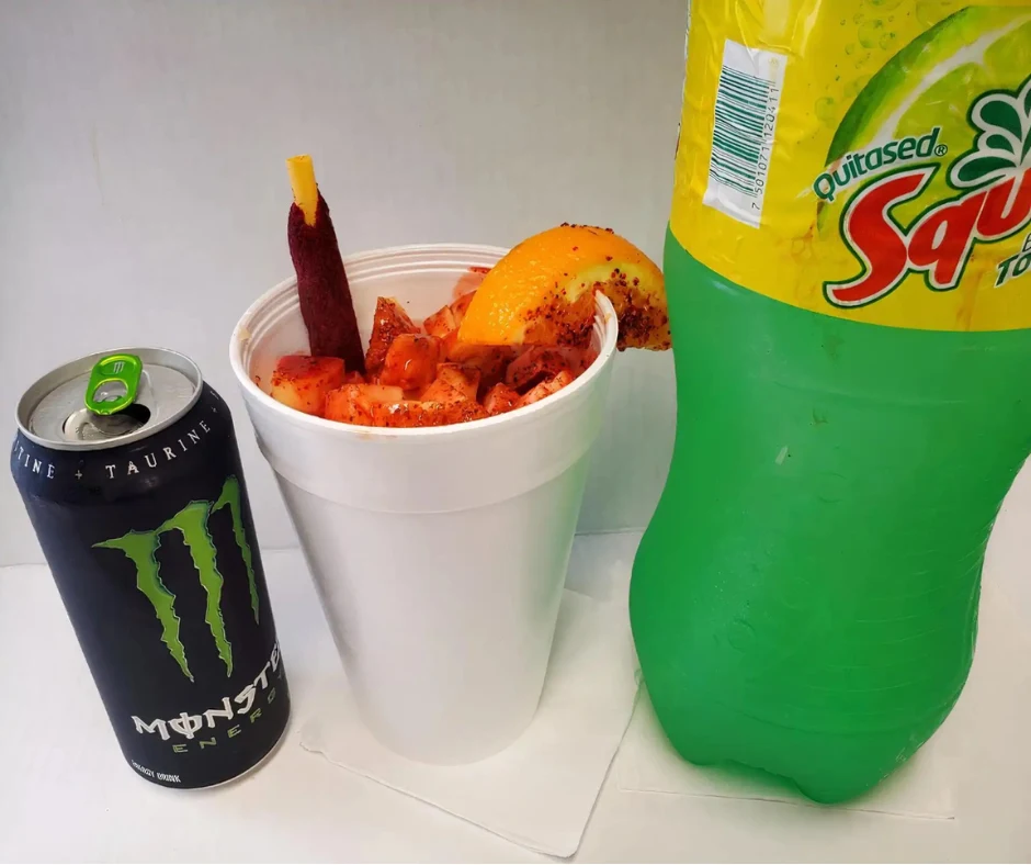 Prepared Monster - Monster energy drink prepared Mexican-style with fresh fruit and chamoy